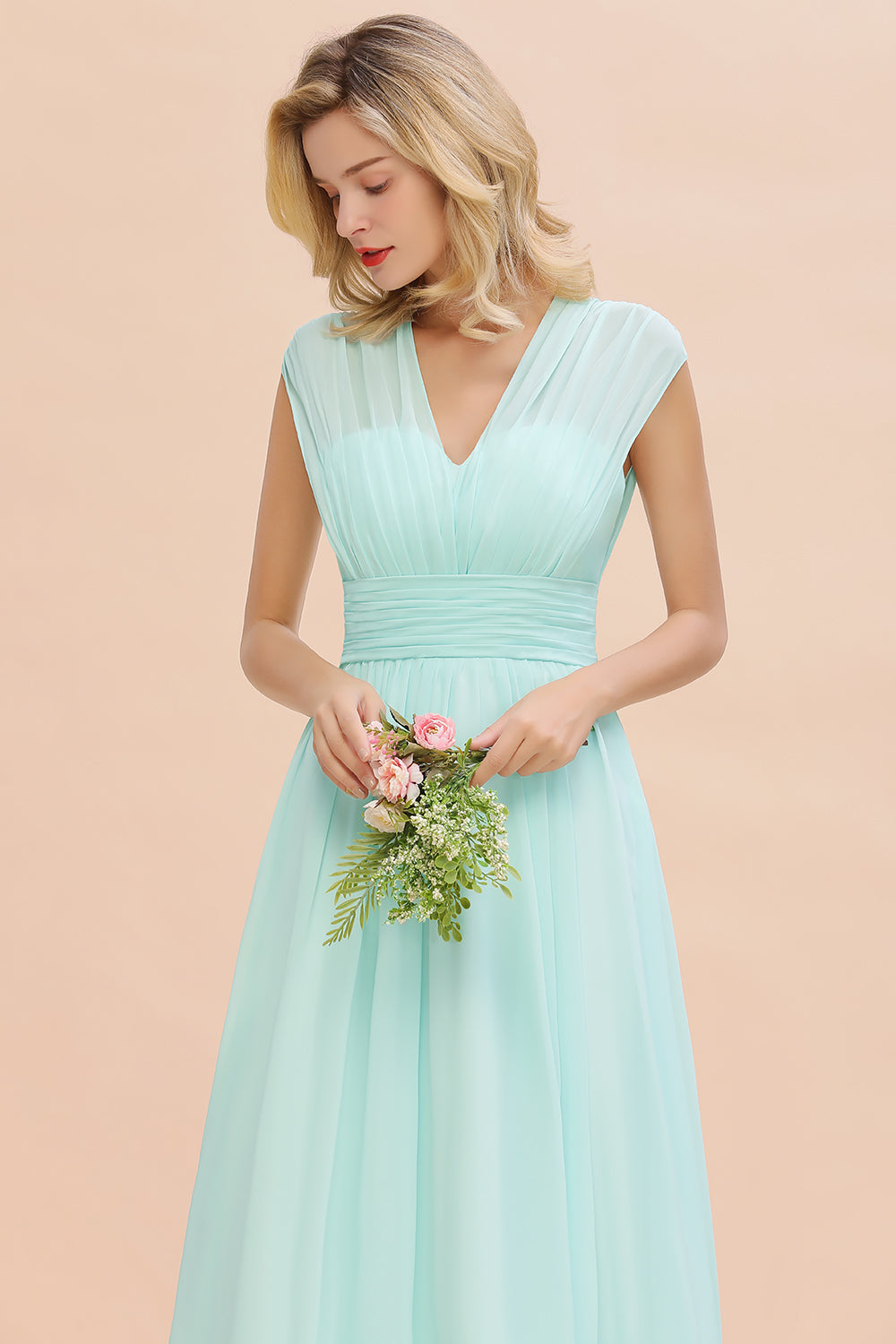 Elegant Chiffon V-Neck Ruffle Long Bridesmaid Dresses Affordable-Babyonlines