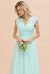 Elegant Chiffon V-Neck Ruffle Long Bridesmaid Dresses Affordable-Babyonlines