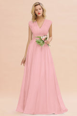 Elegant Chiffon V-Neck Ruffle Long Bridesmaid Dresses Affordable-Babyonlines