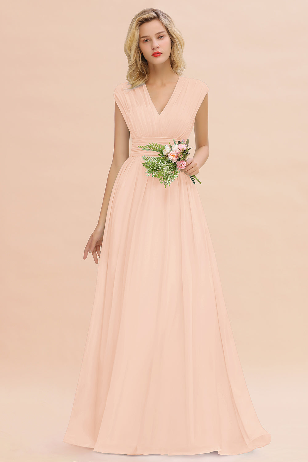 Elegant Chiffon V-Neck Ruffle Long Bridesmaid Dresses Affordable-Babyonlines