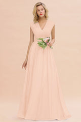 Elegant Chiffon V-Neck Ruffle Long Bridesmaid Dresses Affordable-Babyonlines