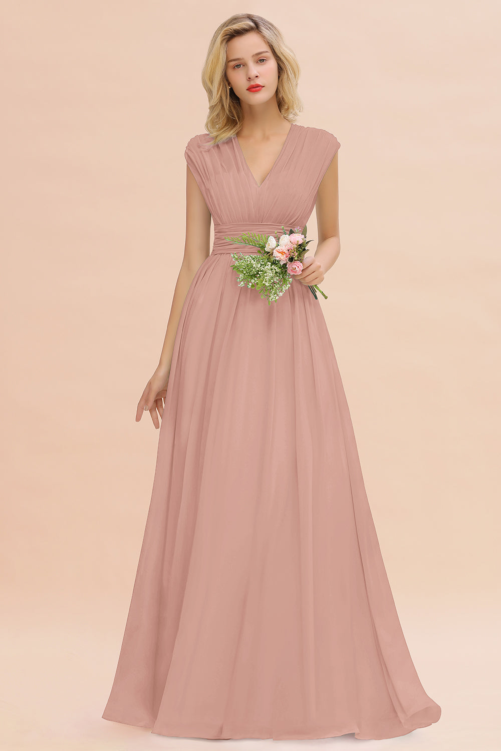 Elegant Chiffon V-Neck Ruffle Long Bridesmaid Dresses Affordable-Babyonlines