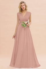 Elegant Chiffon V-Neck Ruffle Long Bridesmaid Dresses Affordable-Babyonlines