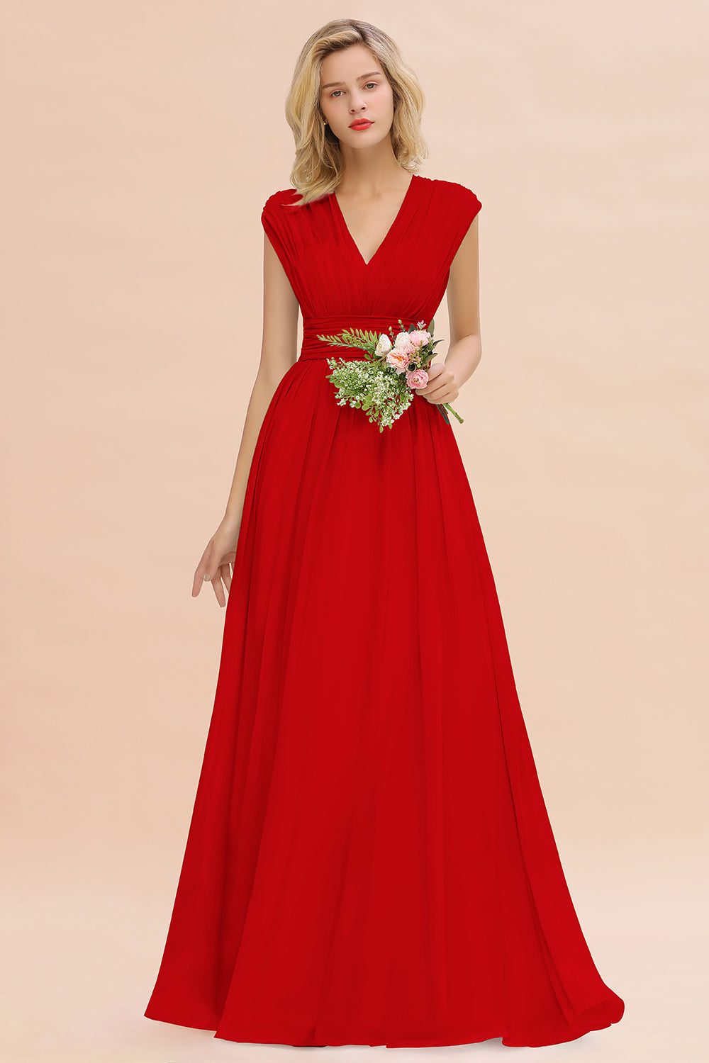 Elegant Chiffon V-Neck Ruffle Long Bridesmaid Dresses Affordable-Babyonlines