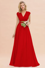 Elegant Chiffon V-Neck Ruffle Long Bridesmaid Dresses Affordable-Babyonlines