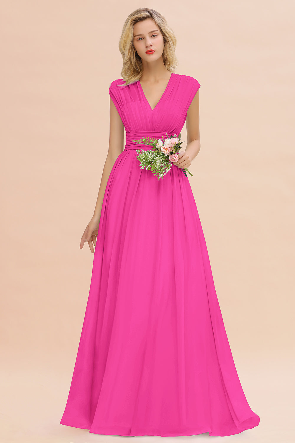 Elegant Chiffon V-Neck Ruffle Long Bridesmaid Dresses Affordable-Babyonlines