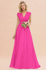 Elegant Chiffon V-Neck Ruffle Long Bridesmaid Dresses Affordable-Babyonlines