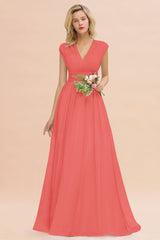 Elegant Chiffon V-Neck Ruffle Long Bridesmaid Dresses Affordable-Babyonlines