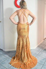 Elegant Criss Cross Back Mermaid Gold Long Prom Dress with Train