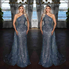 Elegant Dark Blue One Shoulder Mermaid Evening Dress with Sequins Applique