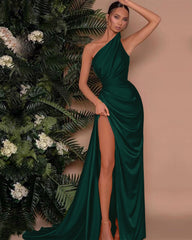Elegant Green One Shoulder Sleeveless Mermaid Front Split Evening Dress Online