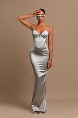 Elegant Grey Charmeuse Halter Evening Gown