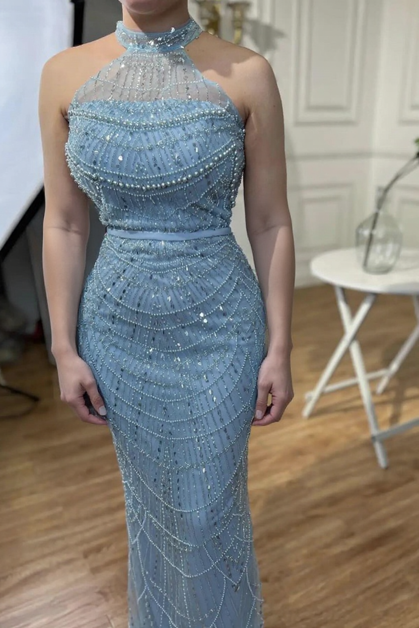 Elegant Long Halter Tulle Mermaid Formal Evening Dresses with Beaded