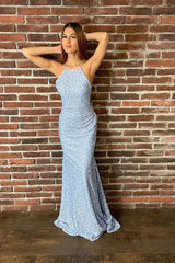 Elegant Halter Light Blue Lace Long Prom Dress