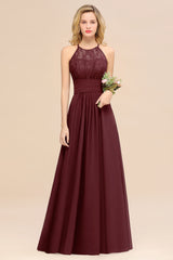 Elegant Halter Ruffles Sleeveless Grape Lace Bridesmaid Dresses Affordable-Babyonlines