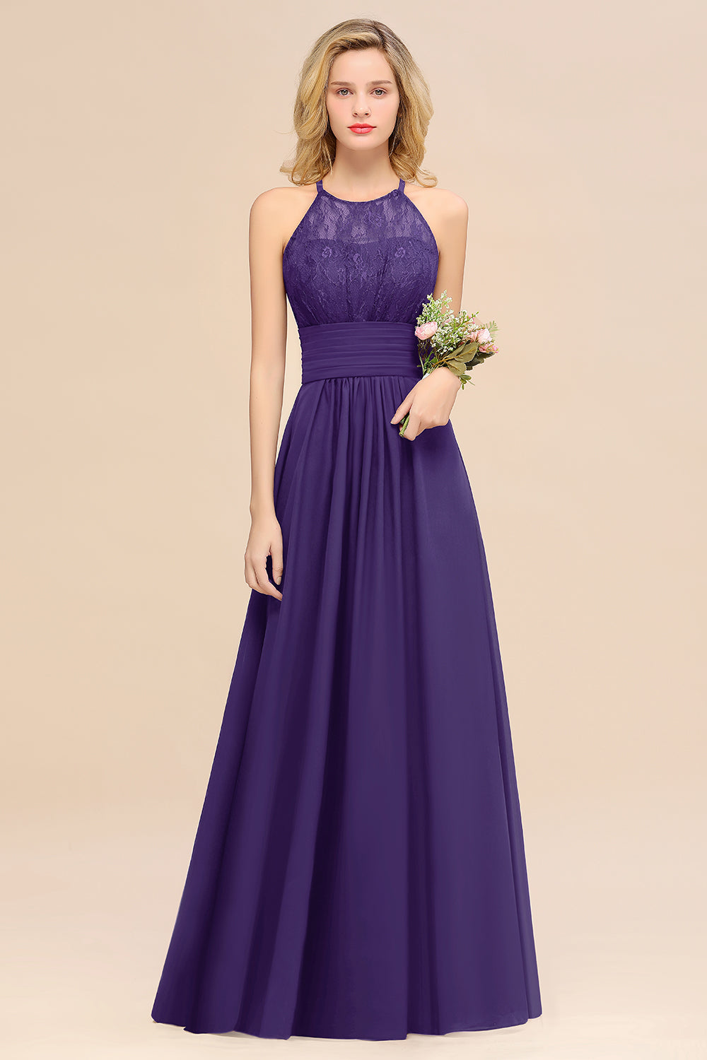 Elegant Halter Ruffles Sleeveless Grape Lace Bridesmaid Dresses Affordable-Babyonlines