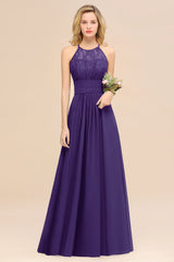 Elegant Halter Ruffles Sleeveless Grape Lace Bridesmaid Dresses Affordable-Babyonlines