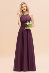 Elegant Halter Ruffles Sleeveless Grape Lace Bridesmaid Dresses Affordable-Babyonlines