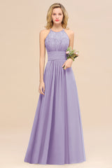 Elegant Halter Ruffles Sleeveless Grape Lace Bridesmaid Dresses Affordable-Babyonlines