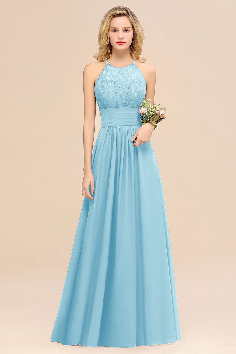 Elegant Halter Ruffles Sleeveless Grape Lace Bridesmaid Dresses Affordable-Babyonlines