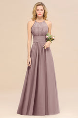 Elegant Halter Ruffles Sleeveless Grape Lace Bridesmaid Dresses Affordable-Babyonlines