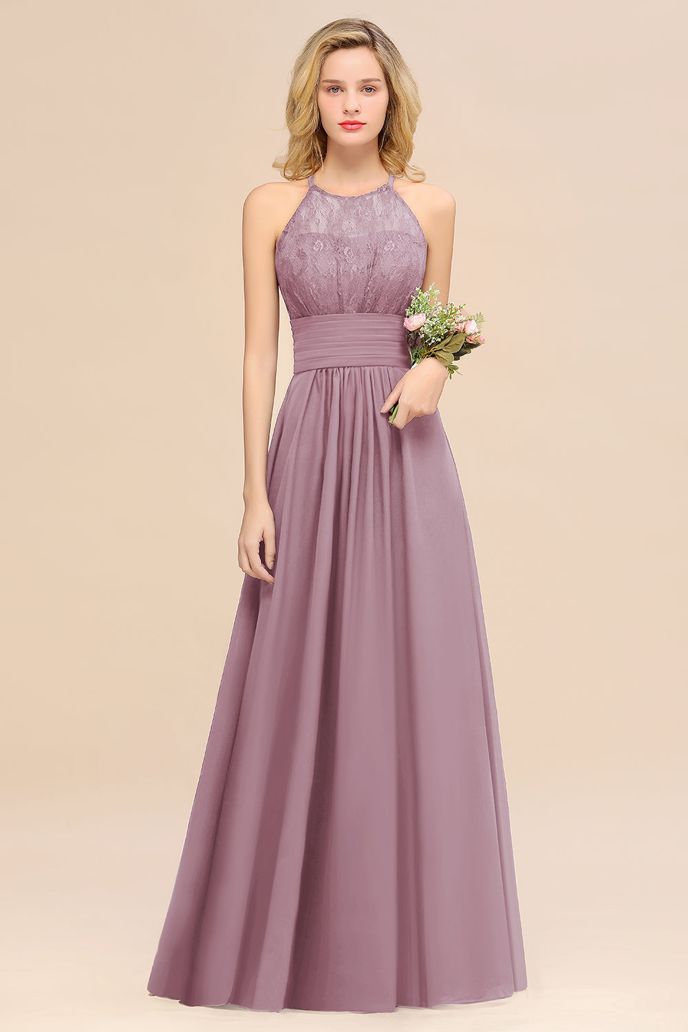 Elegant Halter Ruffles Sleeveless Grape Lace Bridesmaid Dresses Affordable-Babyonlines