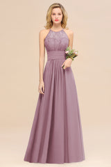 Elegant Halter Ruffles Sleeveless Grape Lace Bridesmaid Dresses Affordable-Babyonlines