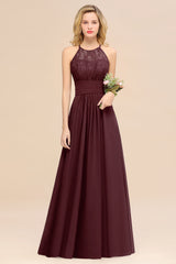 Elegant Halter Ruffles Sleeveless Grape Lace Bridesmaid Dresses Affordable-Babyonlines