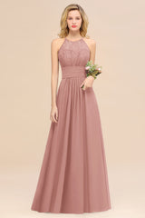 Elegant Halter Ruffles Sleeveless Grape Lace Bridesmaid Dresses Affordable-Babyonlines