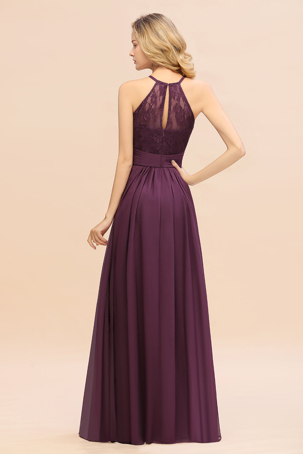 Elegant Halter Ruffles Sleeveless Grape Lace Bridesmaid Dresses Affordable-Babyonlines
