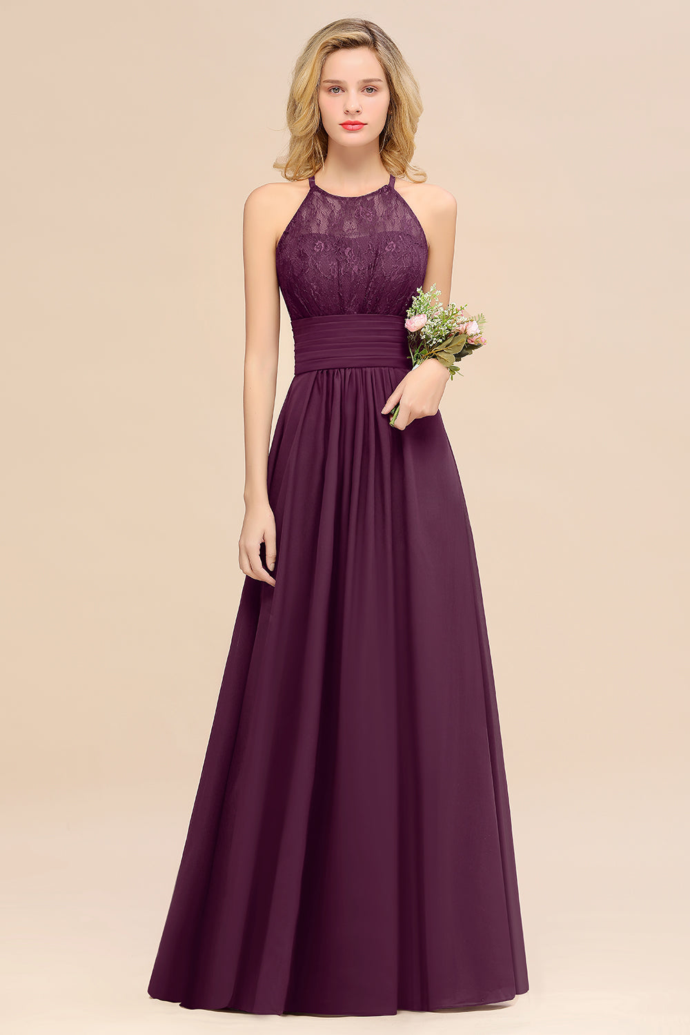 Elegant Halter Ruffles Sleeveless Grape Lace Bridesmaid Dresses Affordable-Babyonlines