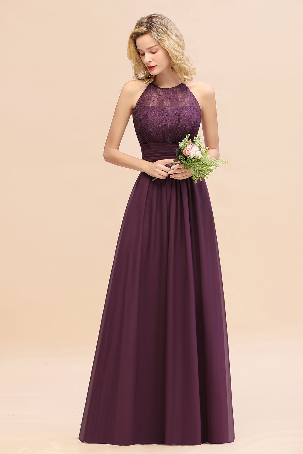 Elegant Halter Ruffles Sleeveless Grape Lace Bridesmaid Dresses Affordable-Babyonlines