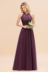 Elegant Halter Ruffles Sleeveless Grape Lace Bridesmaid Dresses Affordable-Babyonlines
