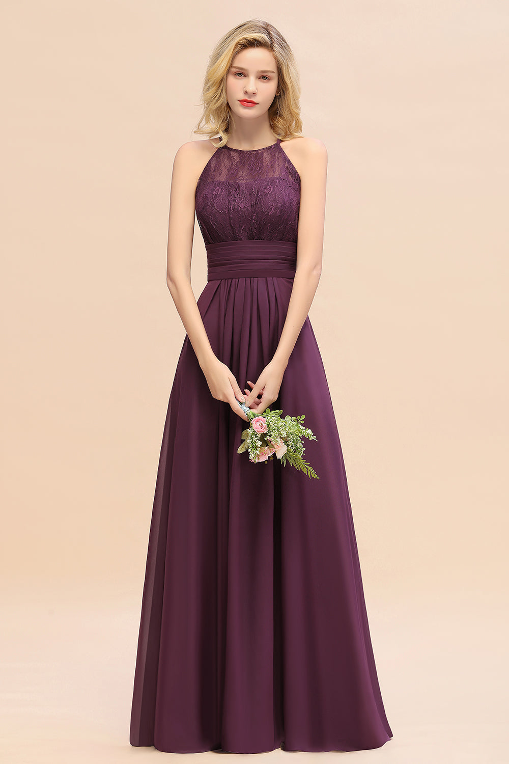Elegant Halter Ruffles Sleeveless Grape Lace Bridesmaid Dresses Affordable-Babyonlines