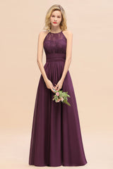 Elegant Halter Ruffles Sleeveless Grape Lace Bridesmaid Dresses Affordable-Babyonlines