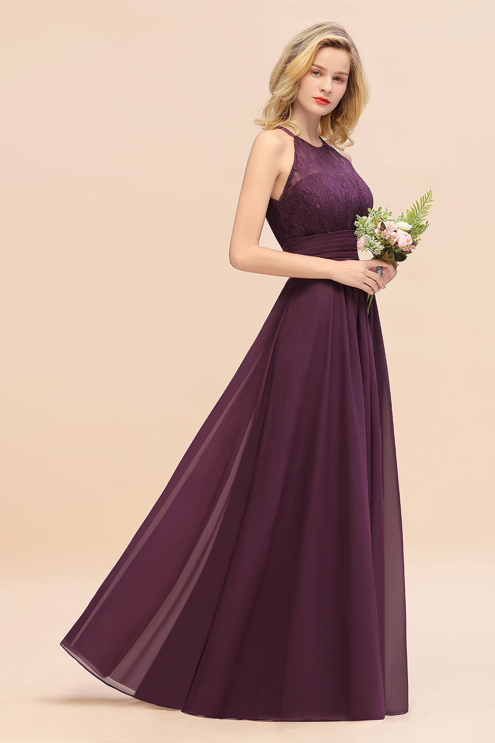Elegant Halter Ruffles Sleeveless Grape Lace Bridesmaid Dresses Affordable-Babyonlines