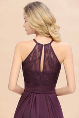 Elegant Halter Ruffles Sleeveless Grape Lace Bridesmaid Dresses Affordable-Babyonlines
