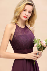 Elegant Halter Ruffles Sleeveless Grape Lace Bridesmaid Dresses Affordable-Babyonlines