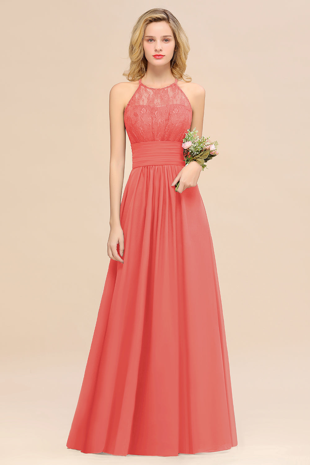 Elegant Halter Ruffles Sleeveless Grape Lace Bridesmaid Dresses Affordable-Babyonlines