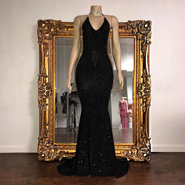 Elegant Halter V-Neck Mermaid Evening Dress with Sequins