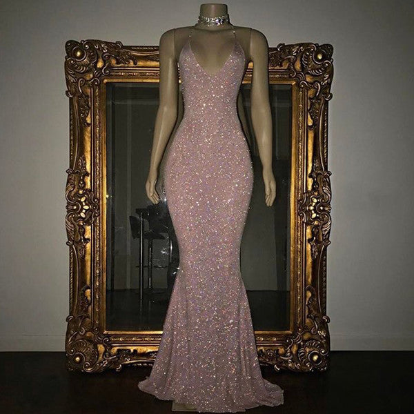 Elegant Halter V-Neck Mermaid Evening Dress with Sequins