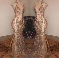 Elegant Halter V-Neck Sequins Mermaid Prom Dress