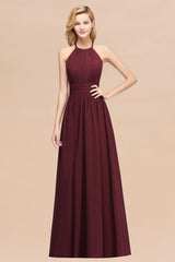 Elegant High-Neck Halter Long Affordable Bridesmaid Dresses with Ruffles-Babyonlines