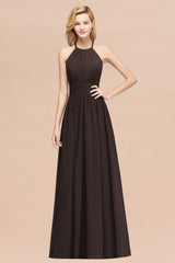 Elegant High-Neck Halter Long Affordable Bridesmaid Dresses with Ruffles-Babyonlines