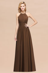 Elegant High-Neck Halter Long Affordable Bridesmaid Dresses with Ruffles-Babyonlines