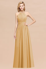 Elegant High-Neck Halter Long Affordable Bridesmaid Dresses with Ruffles-Babyonlines