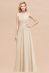 Elegant High-Neck Halter Long Affordable Bridesmaid Dresses with Ruffles-Babyonlines