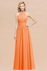 Elegant High-Neck Halter Long Affordable Bridesmaid Dresses with Ruffles-Babyonlines