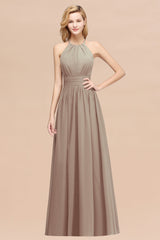 Elegant High-Neck Halter Long Affordable Bridesmaid Dresses with Ruffles-Babyonlines