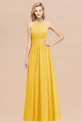 Elegant High-Neck Halter Long Affordable Bridesmaid Dresses with Ruffles-Babyonlines
